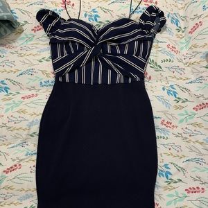 Dark navy blue dress with white stripes